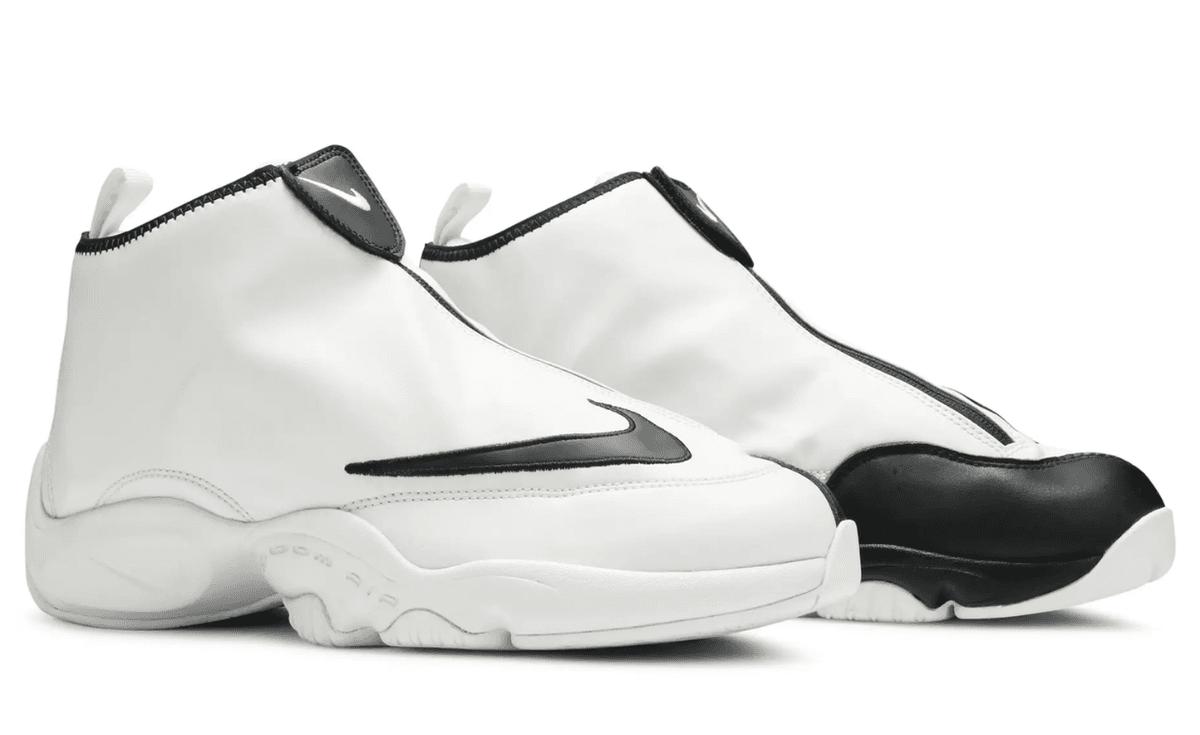 Nike Air Zoom Flight The Glove retro in white, black, and poison green colorway, Gary Payton signature basketball shoe