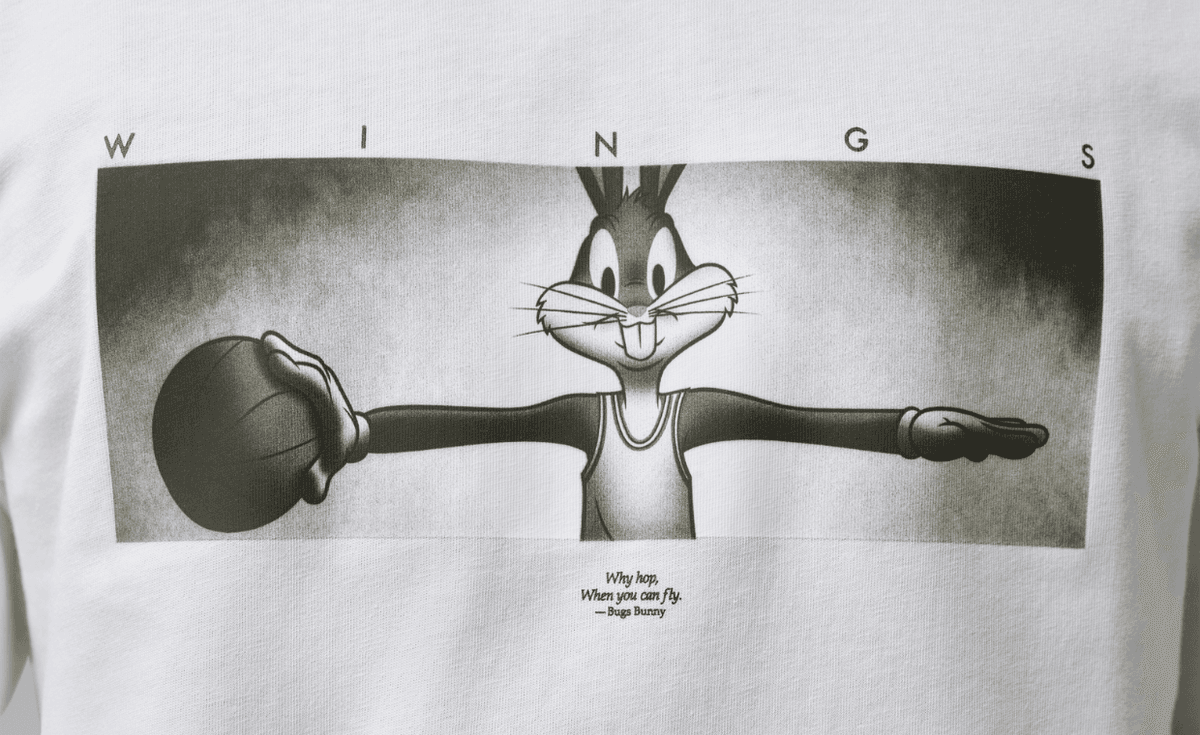 Jordan Brand Space Jam Bugs Bunny Wing T-Shirt in black with outstretched arms graphic and 'Why hop, when you can fly' tagline