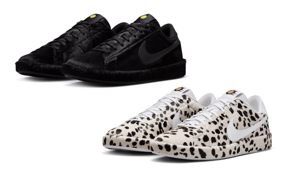 Nike Tennis Classic Chew Dog Pack in white Dalmatian and black colorways, featuring full faux-fur uppers with leather Swoosh and heel tab details