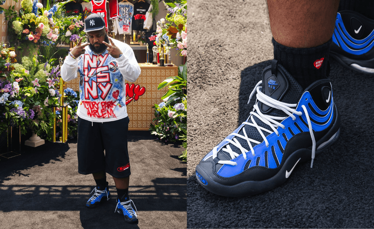Jae Tips wearing the Nike Air Bakin Varsity Royal in blue and black colorway at NY vs. NY basketball tournament