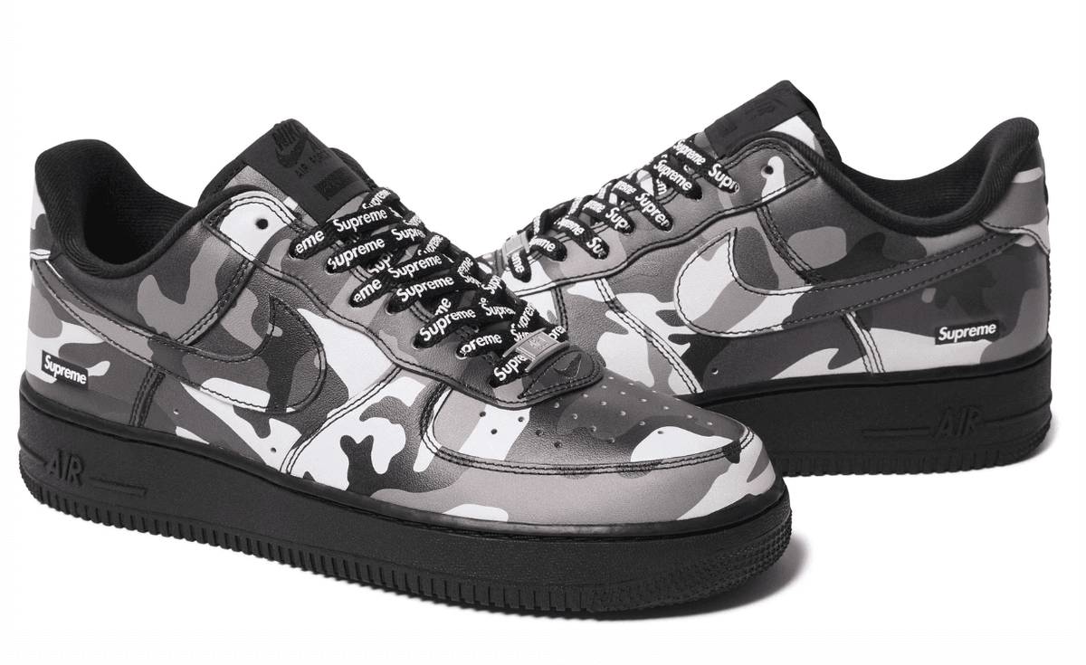 Supreme x Nike Air Force 1 Low in white, grey, and black snow camouflage pattern