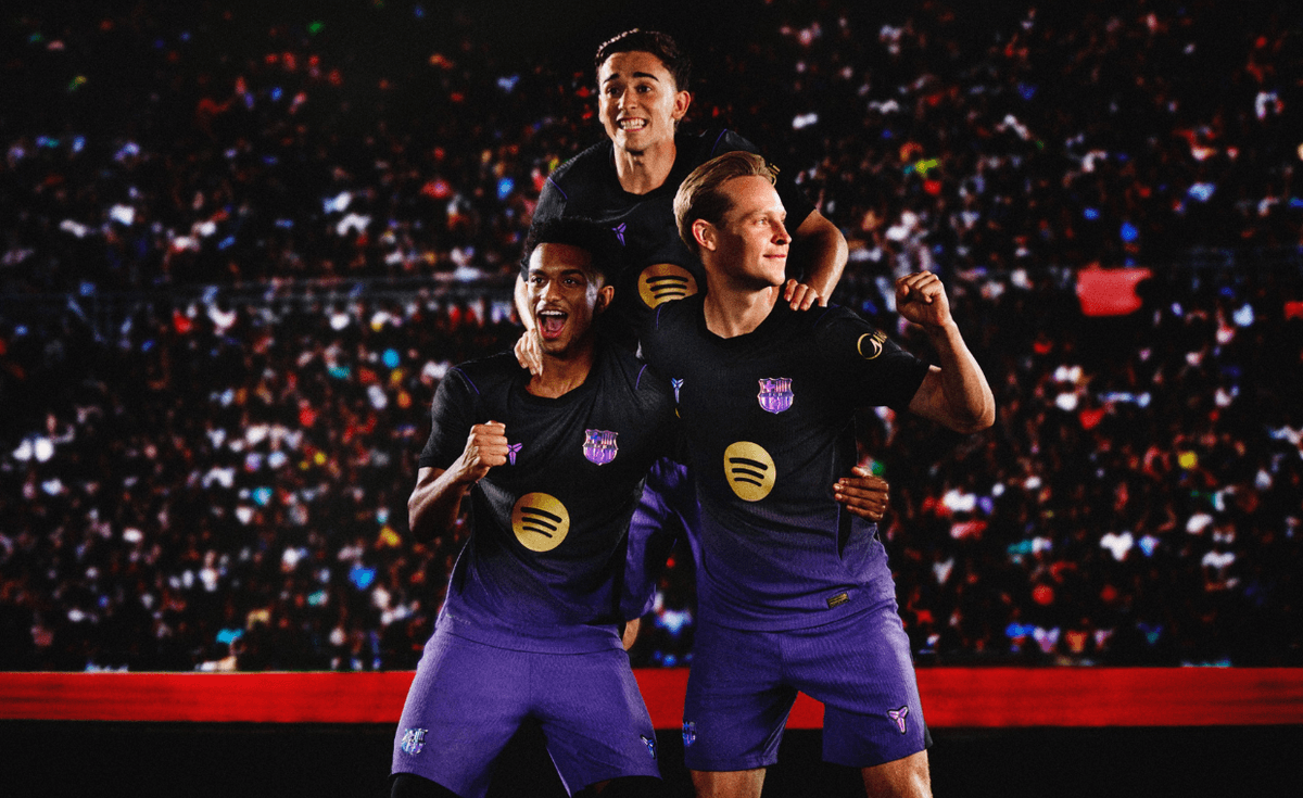 Nike Kobe x FC Barcelona Collection featuring purple and gold co-branded jerseys, shorts, and apparel with mamba texture detailing