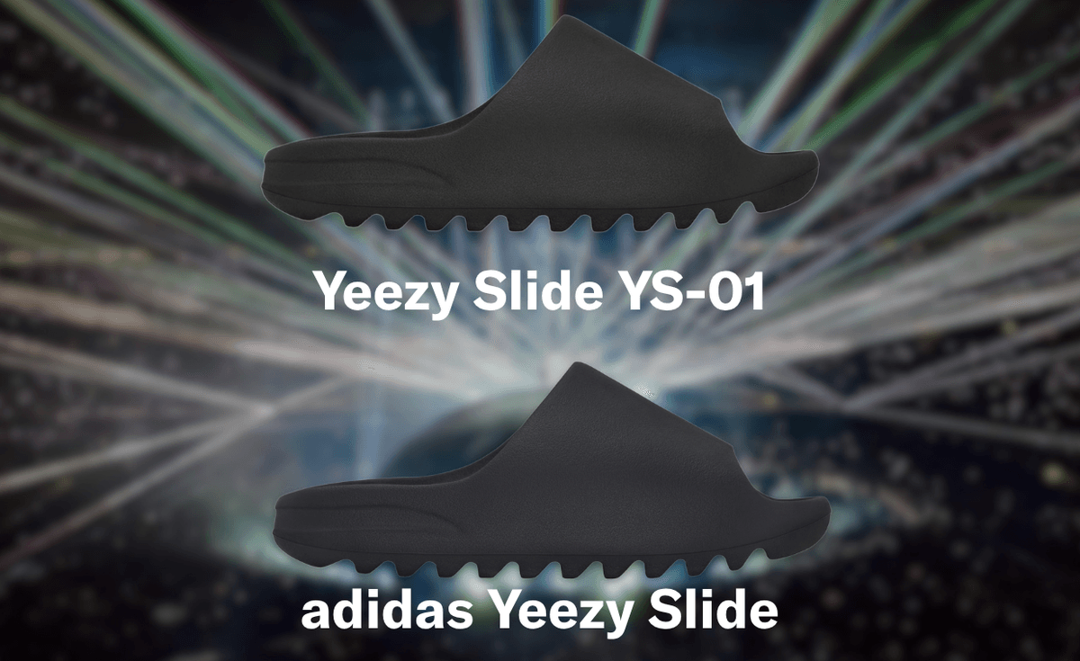 Side-by-side comparison of the Yeezy Slide YS-01 and original adidas Yeezy Slide, showing design similarities and branding differences