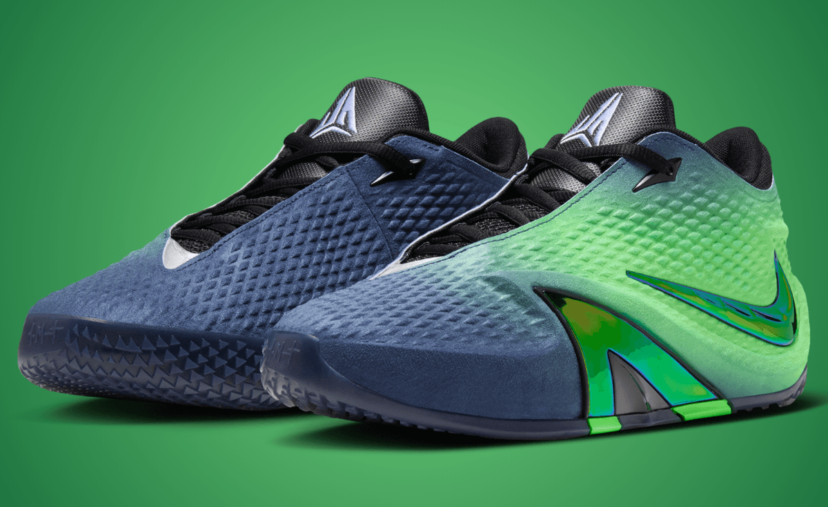 Nike Ja 4 Nightmare on 12th Street in dark blue and neon green, featuring diamond-plated upper and iridescent JA monogram panel