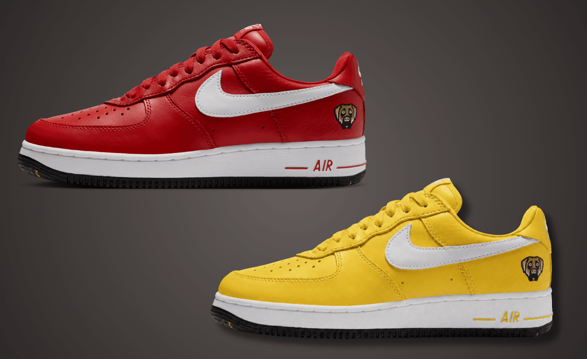 Victor Victor x Nike Air Force 1 Low '01 in Yellow and University Red, featuring monochrome plush leather with white Swoosh and custom dog head logo on lateral heel