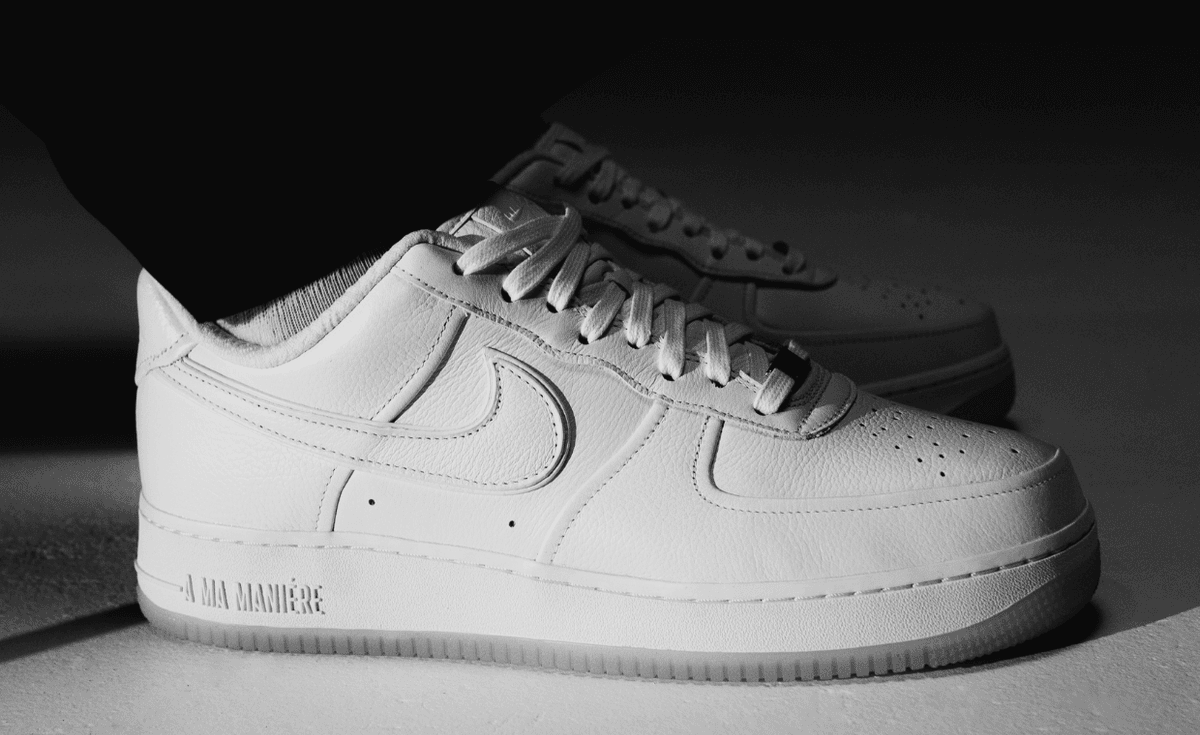 A Ma Maniere x Nike Air Force 1 Low in triple-white leather with padded monogram lining and translucent outsole