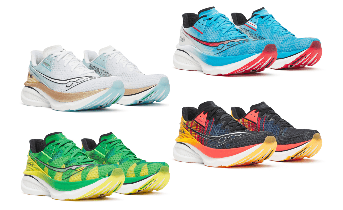 Four Saucony Endorphin Azura colorways representing Sydney, New York City, Chicago, and Berlin for the Fall Marathon Collection