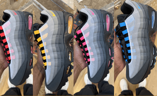 Nike Air Max 95 Black Tongue Pack in grey gradient with golden yellow, red, pink, and blue accent colorways featuring black tongues