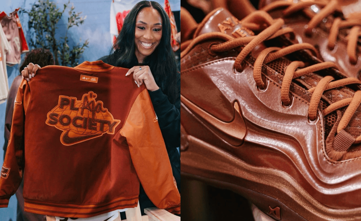 Nike A'Two x Playa Society Dark Russet colorway featuring monochromatic chocolate cocoa leather with Playa Society tongue patch