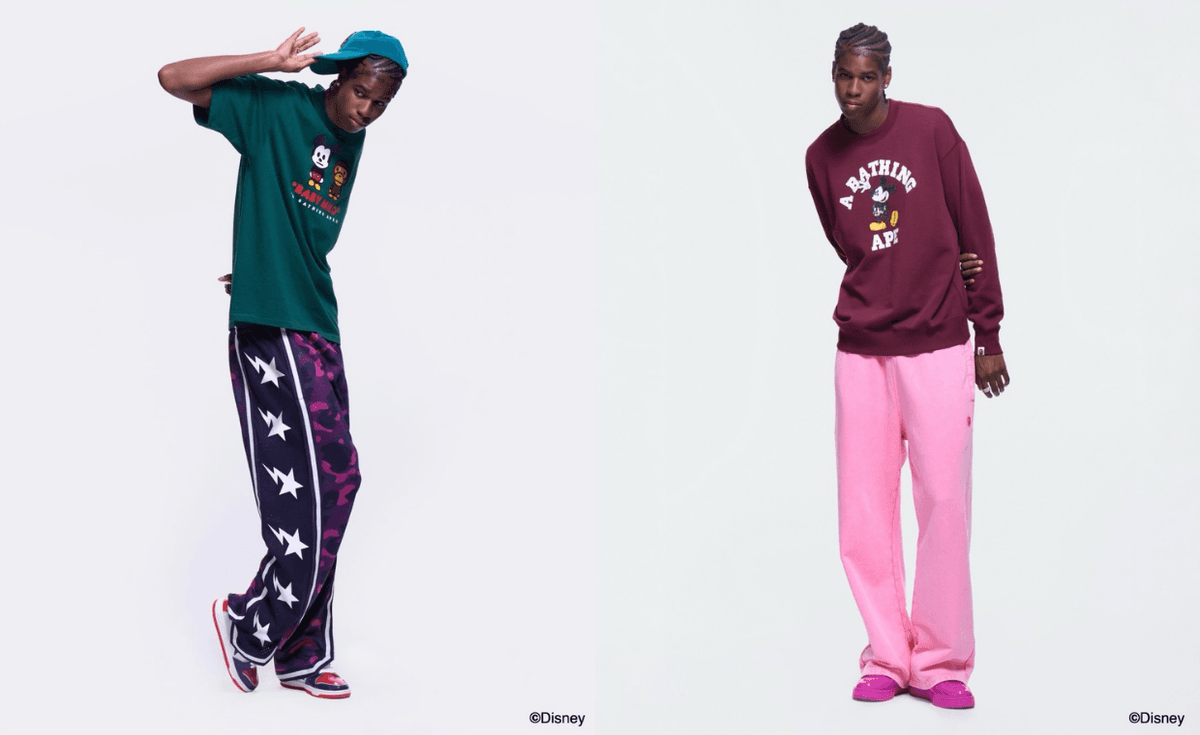 BAPE x Disney Mickey & Friends collection featuring Baby Milo and Mickey Mouse character graphics on apparel