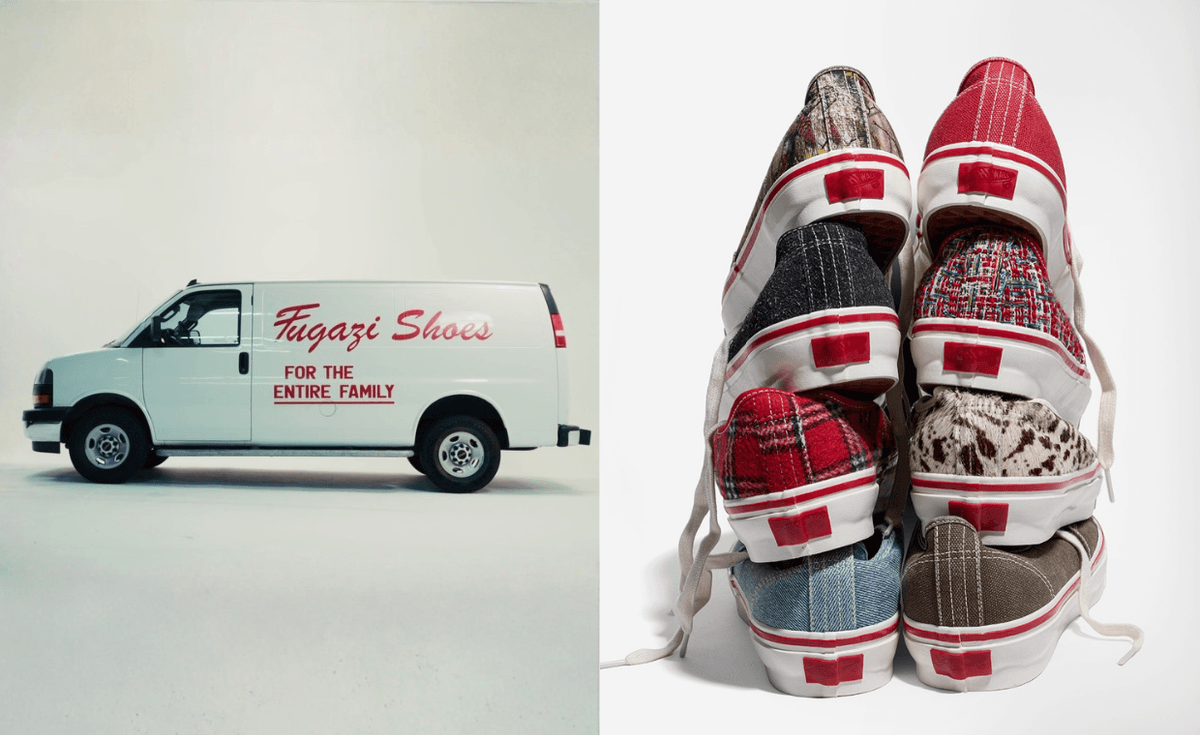 Fugazi x Vans collaboration shoes displayed across multiple colorway options and material finishes