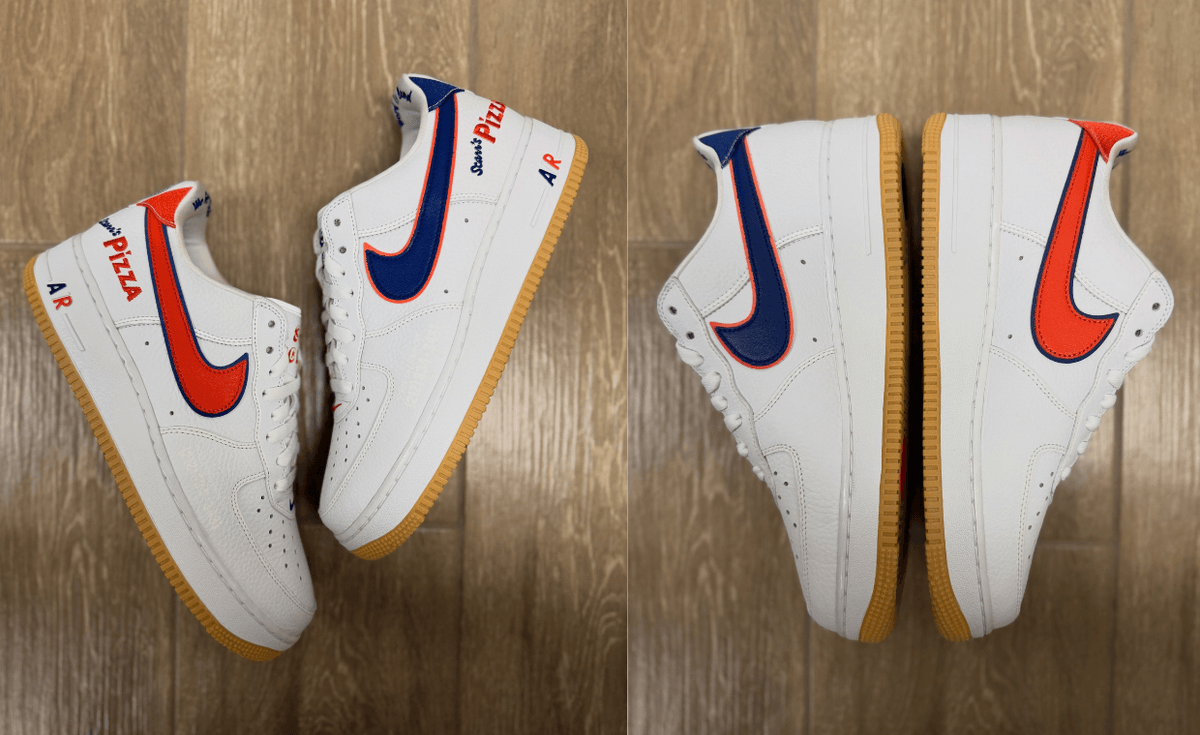 Nike Air Force 1 Low Scarr's Pizza 2025 sample featuring white leather upper with blue and orange Swoosh detailing and tan gum sole