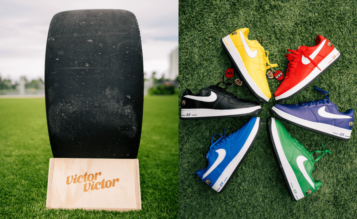 Victor Victor x Nike Air Force 1 '01 in red, purple, black, and blue colorways from the four-pair retail collection paired with Il Caos Parte 1 EP