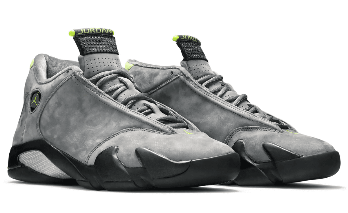 Air Jordan 14 Chartreuse sneaker with neon green and yellow colorway inspired by Air Max 95 design