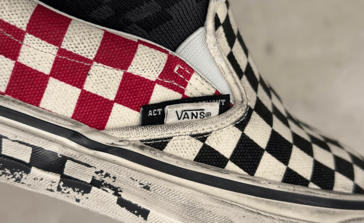 Slam Jam x Vans Classic Slip-On Act of Disagreement featuring dual checkerboard patterns in black-white and red-white colorways with distressed detailing