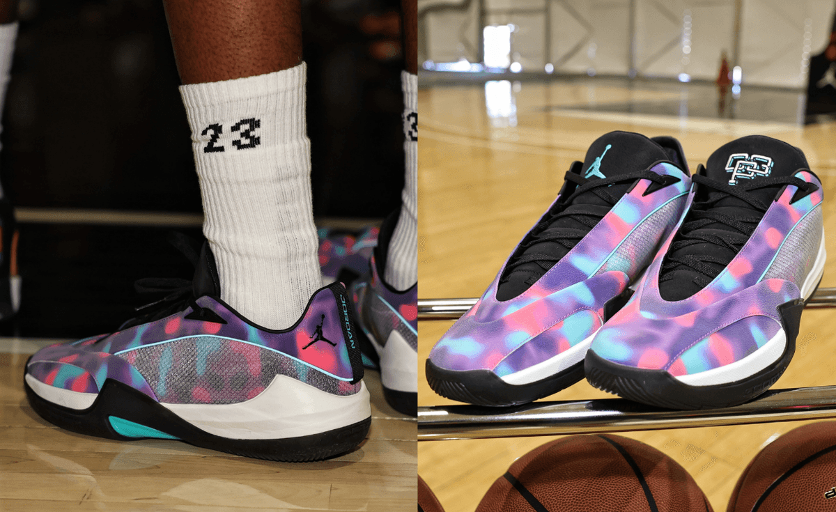 Jordan Triangle Chris Paul Elite Camp PE in purple, pink, and light blue with full leather construction and teal accents