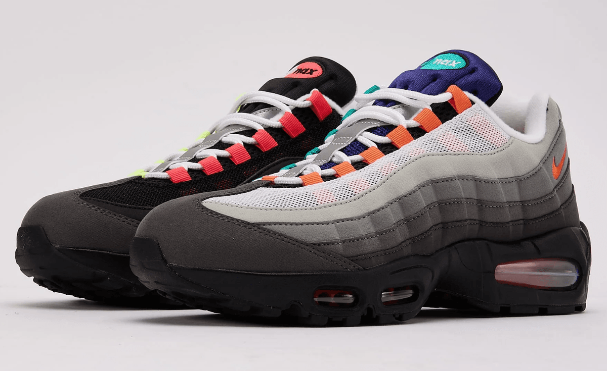 Nike Air Max 95 Big Bubble Greedy with dark grey T-toe, grey gradient lateral waves, black medial panels, and neon accent lace loops