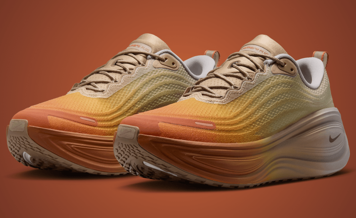 Nike Vomero Plus Cheat Day showing orange-to-grey gradient with Cheeto-inspired insole graphics