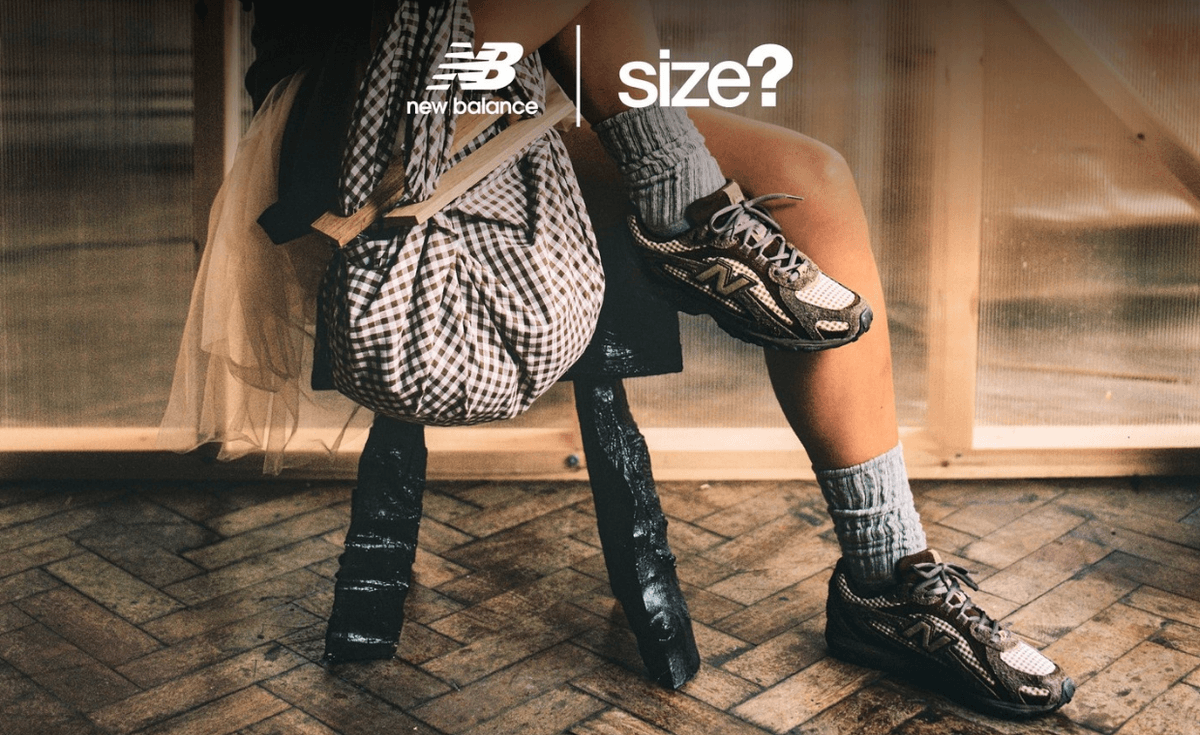 size? x New Balance 204L in layered brown suede with yellow gingham check print detail, styled with ballet-inspired aesthetic
