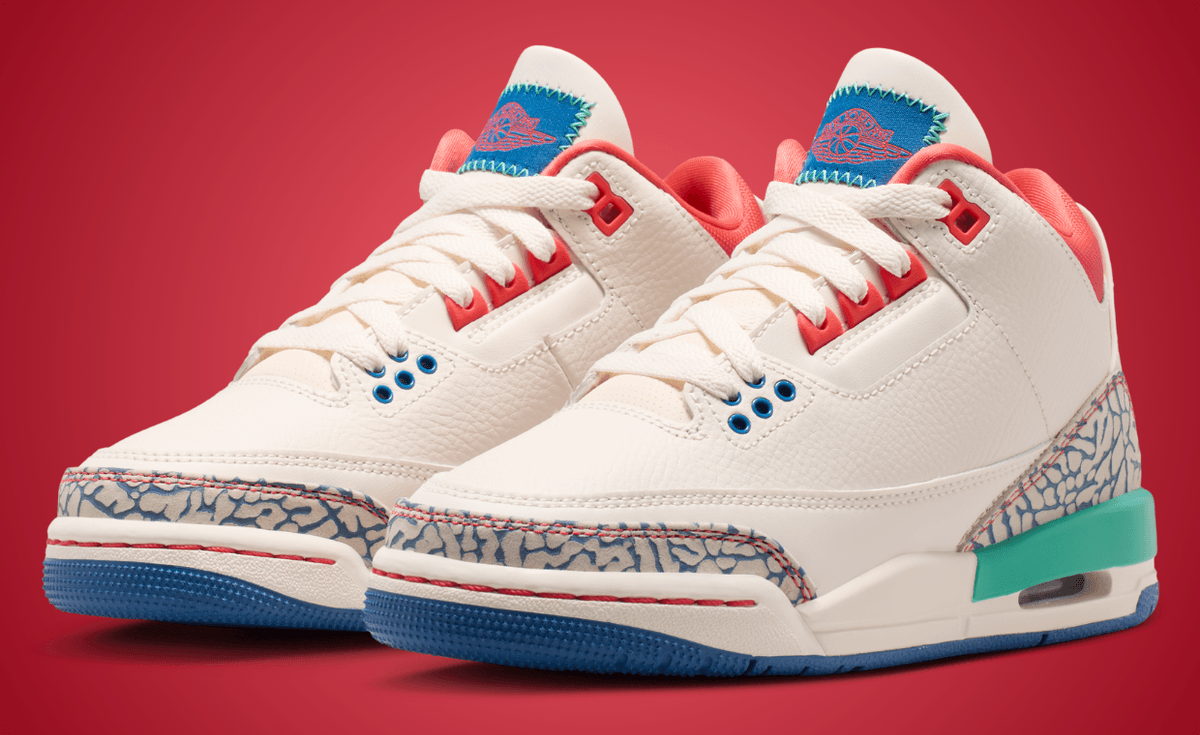 Nike Air Jordan 3 Retro Chalk Track in kids sizing, showing neutral canvas upper with elephant print overlays and subtle color details