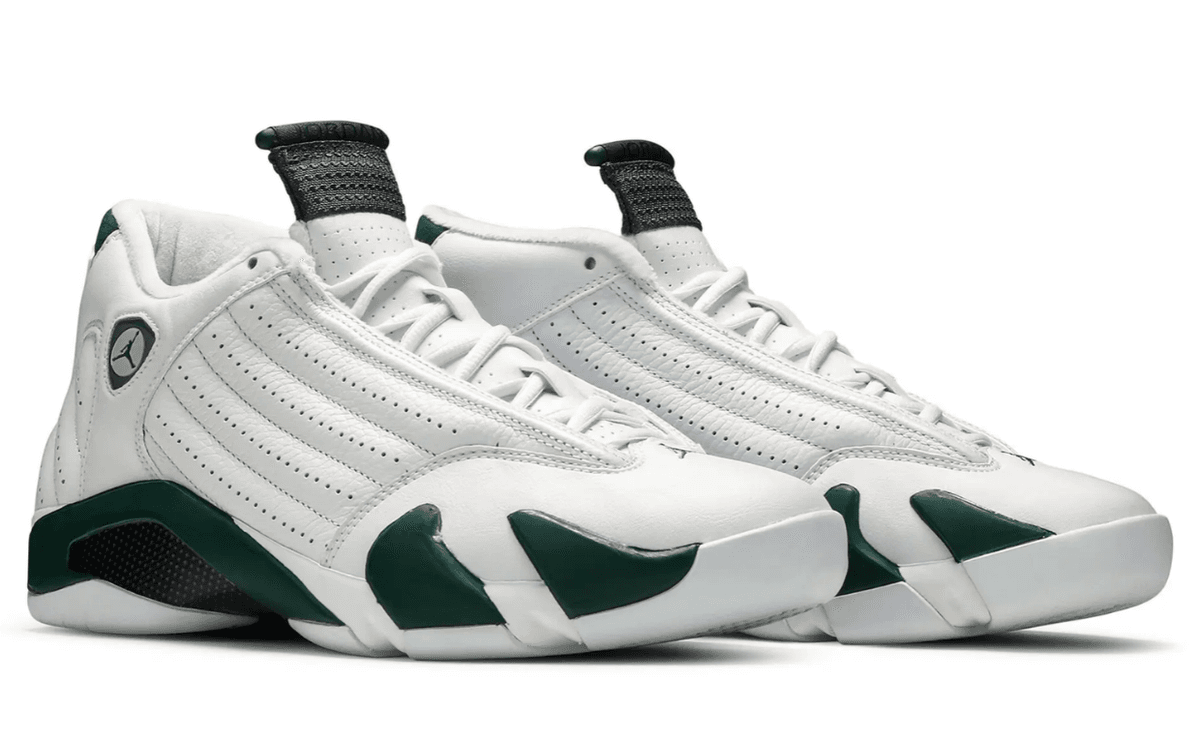 Air Jordan 14 Forest Green retro in white and forest green colorway, side profile view