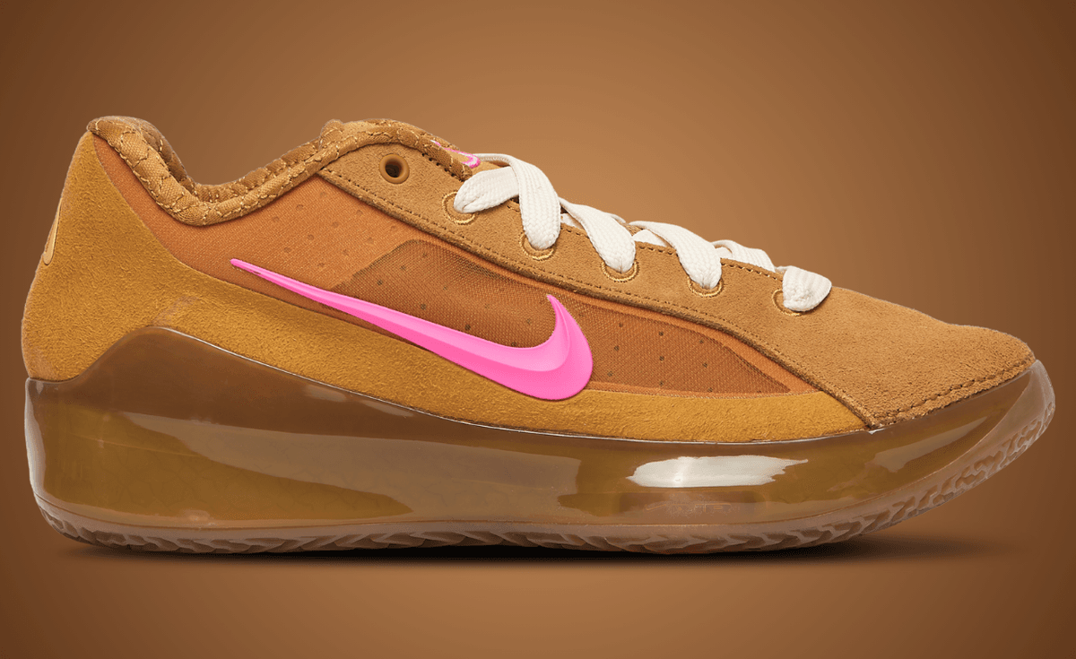Nike LeBron NXKT Gen x JuJu in linen brown suede with pink Swoosh, available at Foot Locker