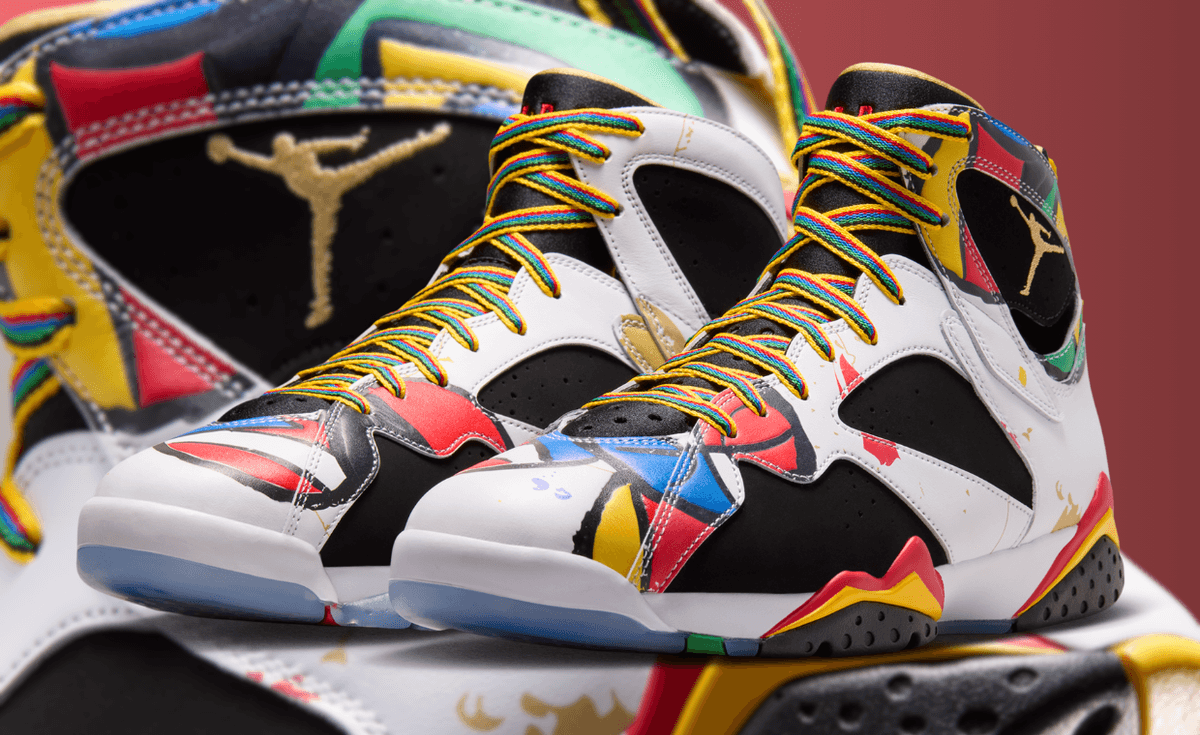 Air Jordan 7 Retro Miro in its classic colorway, showing the distinctive Huarache ankle strap and carbon fiber shank plate