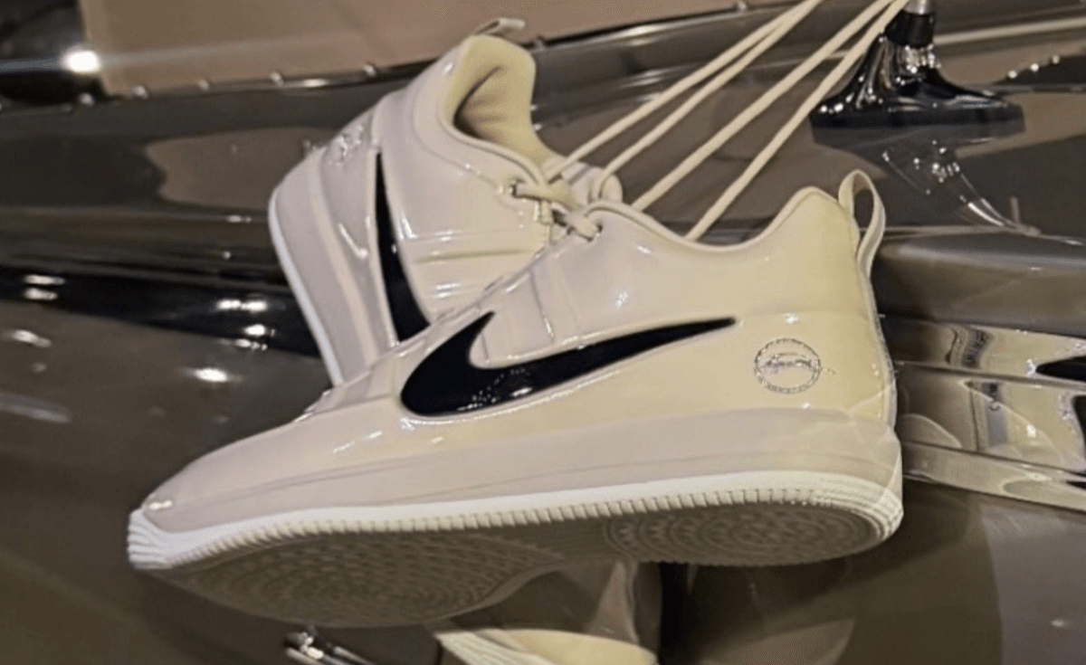 Nike Chevy x Book 2 in sandy off-white patent leather, side profile view
