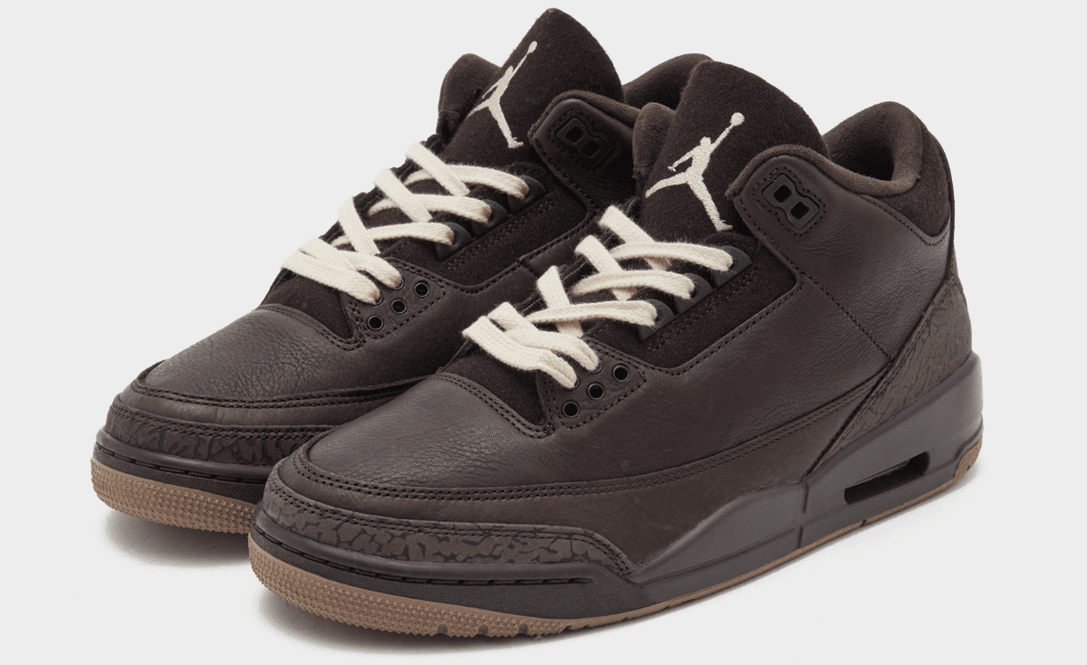 Air Jordan 3 Retro Fireside in woodsmoke and earth-tone colorway, displaying elephant print paneling and visible Air unit