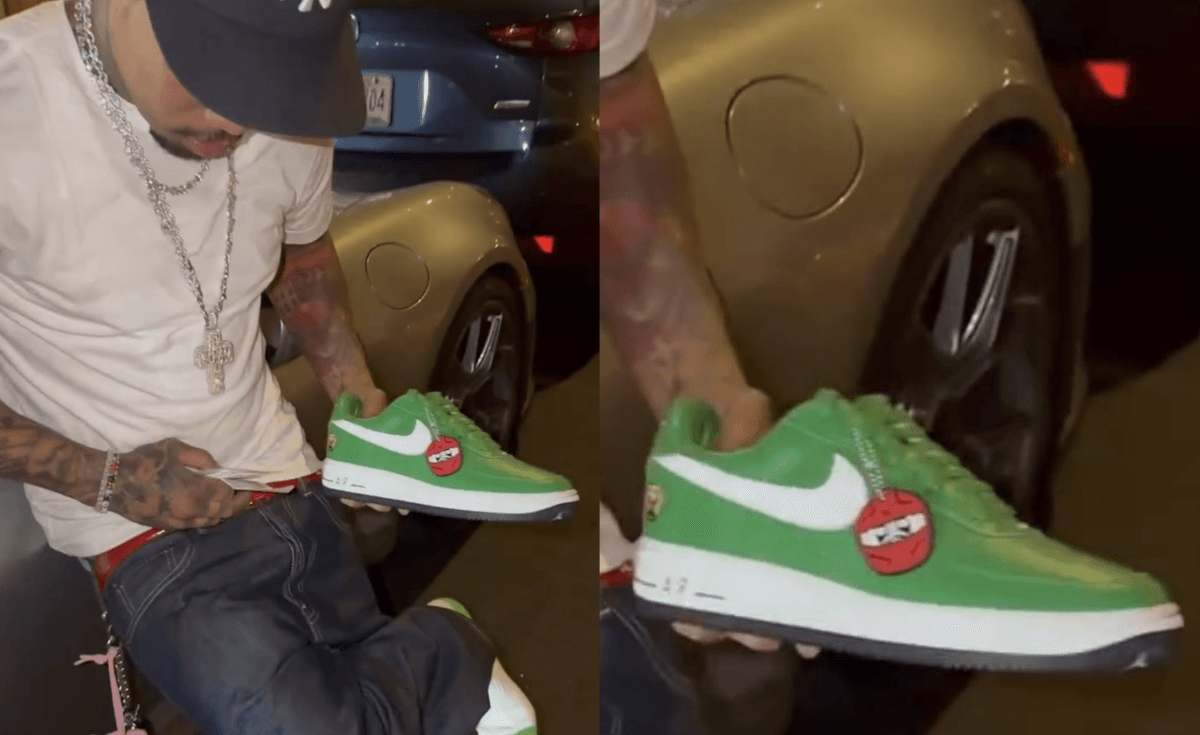 Nike Air Force 1 Low '01 in monochrome green from Steven Victor collaboration, featuring white Swoosh and midsole with Victor Victor dog head logo on lateral heel