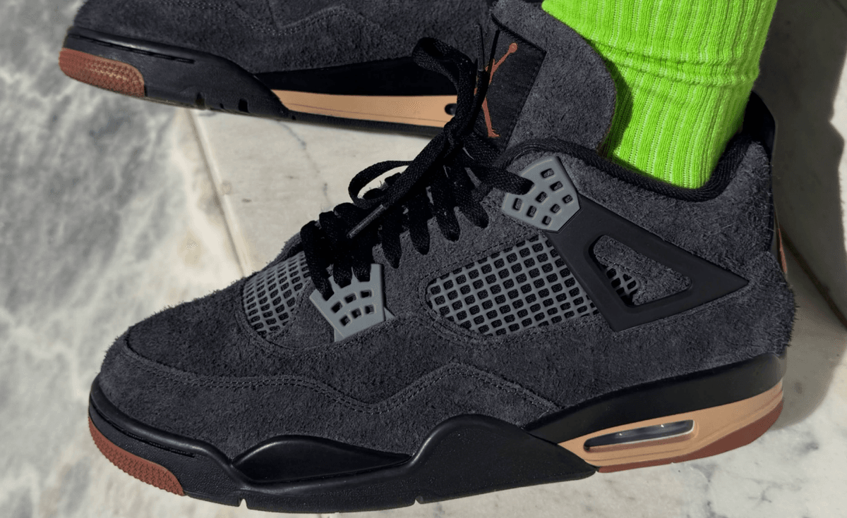 Air Jordan 4 Retro in hairy grey suede with brick red accents, London exclusive colorway