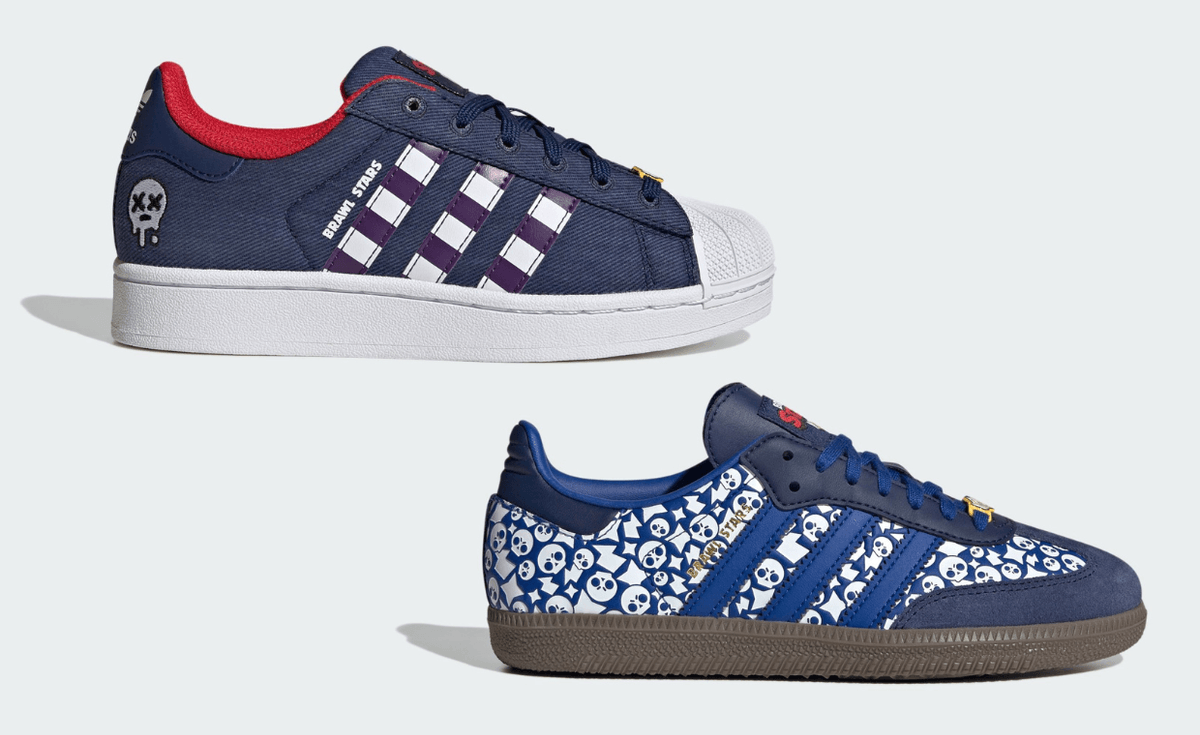 adidas x Brawl Stars Superstar and Samba OG collaboration in youth sizing, featuring game-inspired branding and colorways