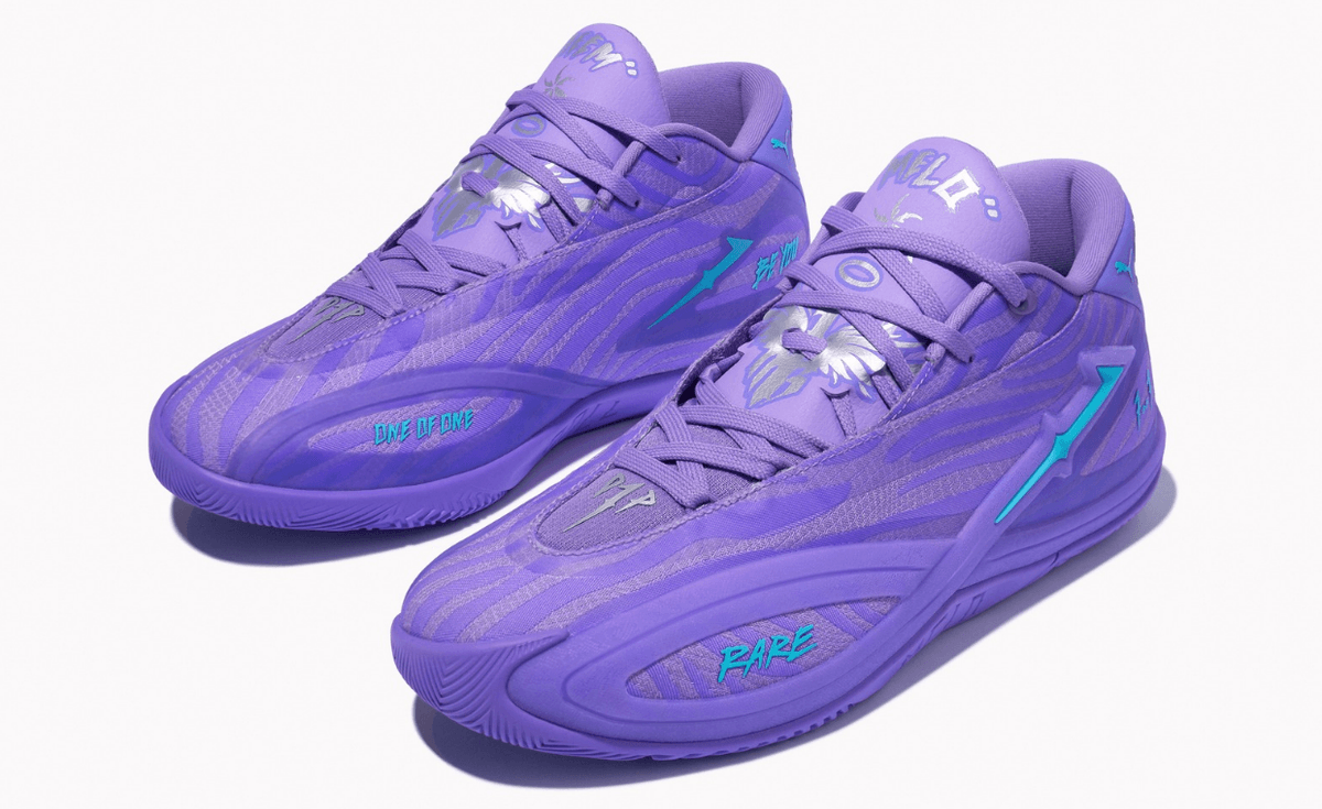 Puma MB.01 in purple Shooting Star colorway, LaMelo Ball's signature basketball shoe with Minnesota-inspired design