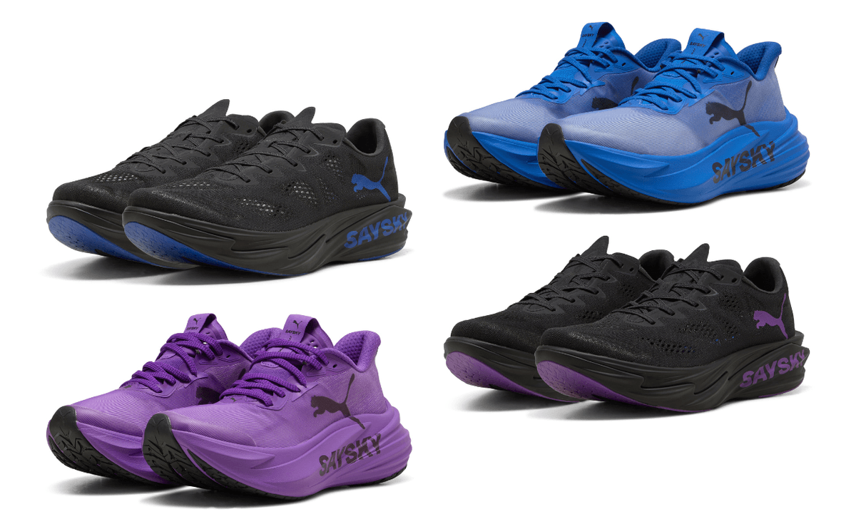 SAYSKY x Puma Back to Business pack featuring four pairs of Deviate Nitro Elite 4 and Mag Max 2 in purple, blue, and black colorways