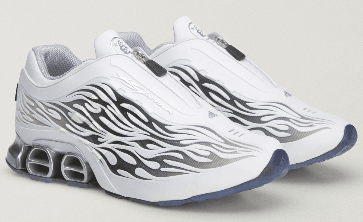 Hellstar x adidas Megaride S2 in white and black with flame graphic motif