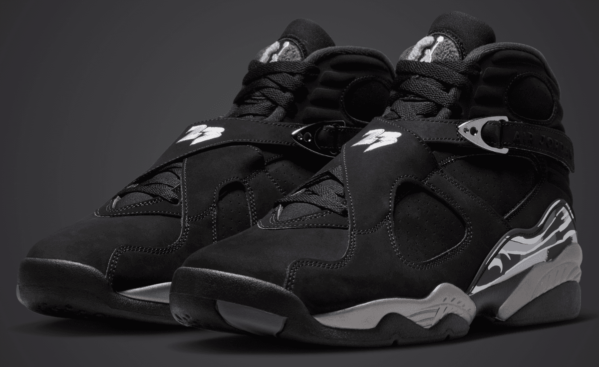 Air Jordan 8 Retro Chrome with black nubuck upper and chrome silver buckle accents on crossing straps, full lateral view