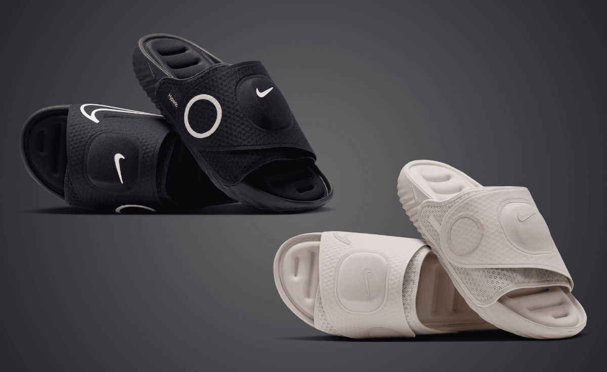 Hyperice x Nike Air Zoom Hyperslide in Black and Orewood Brown colorways, featuring embedded heat therapy technology for recovery