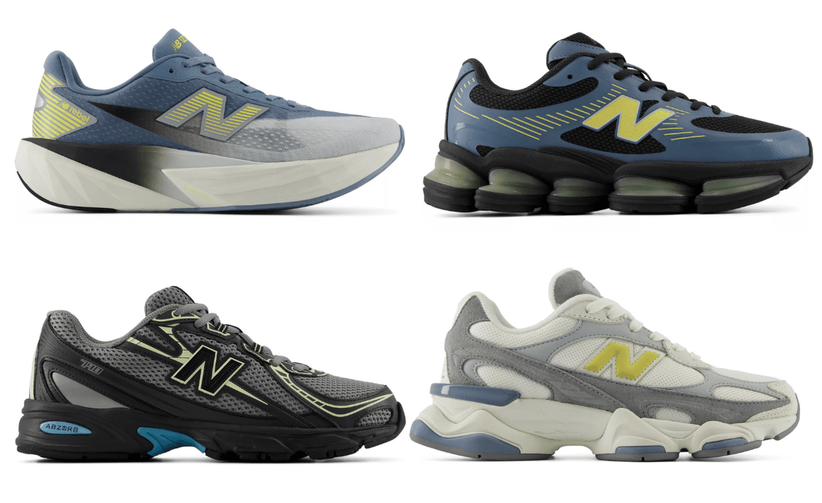 New Balance Night Lights Pack featuring the 9060R, 740, FuelCell Rebel V5, and ABZORB 2000 in soft blue and neon yellow colorways