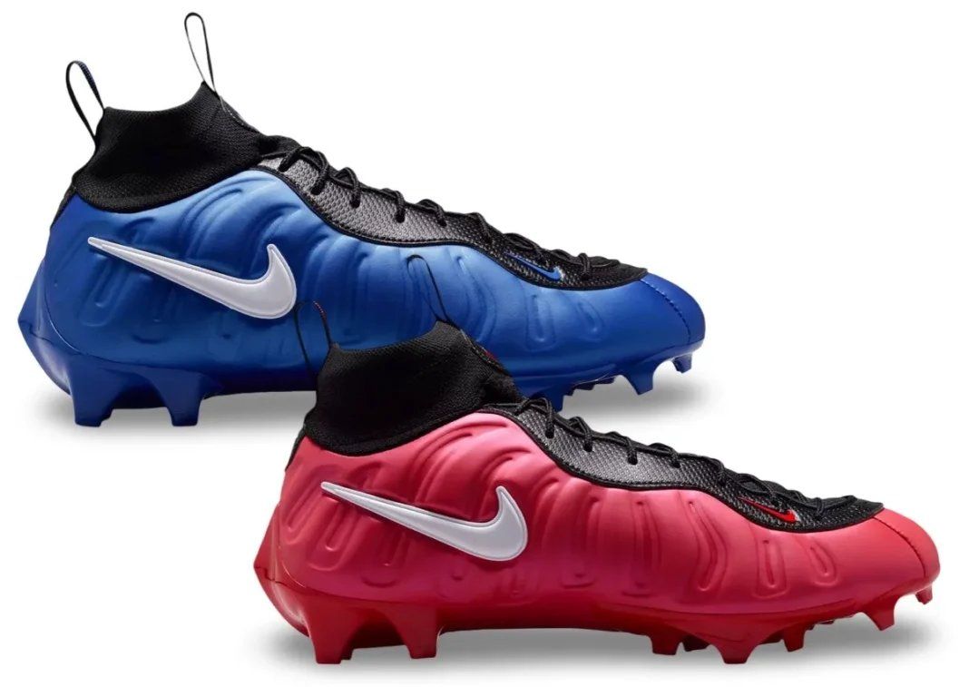 Nike Vaporposite Pro Game Royal and University Red football cleats with molded Foamposite uppers and white Swoosh detailing