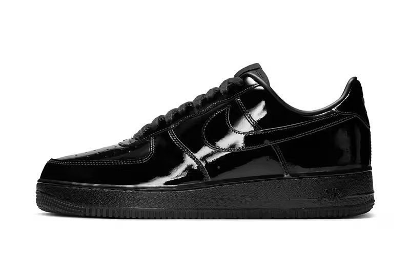 Nike Air Force 1 Low Black Patent with high-gloss leather upper and black Swoosh