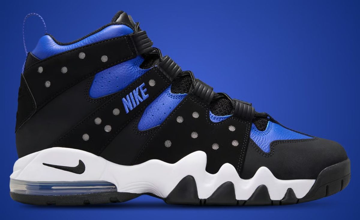 Nike Air Max 2 CB 94 Black Varsity Royal showing black nubuck toe, blue leather upper, and translucent blue Air heel unit