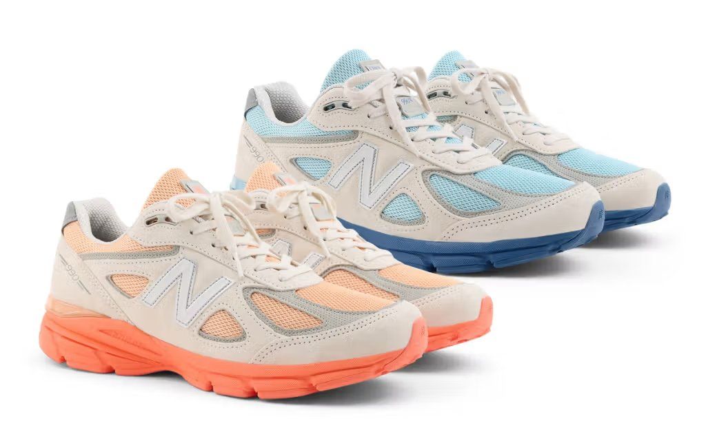 New Balance 990v4 in Blue Crab colorway featuring suede and mesh construction with coastal-inspired palette