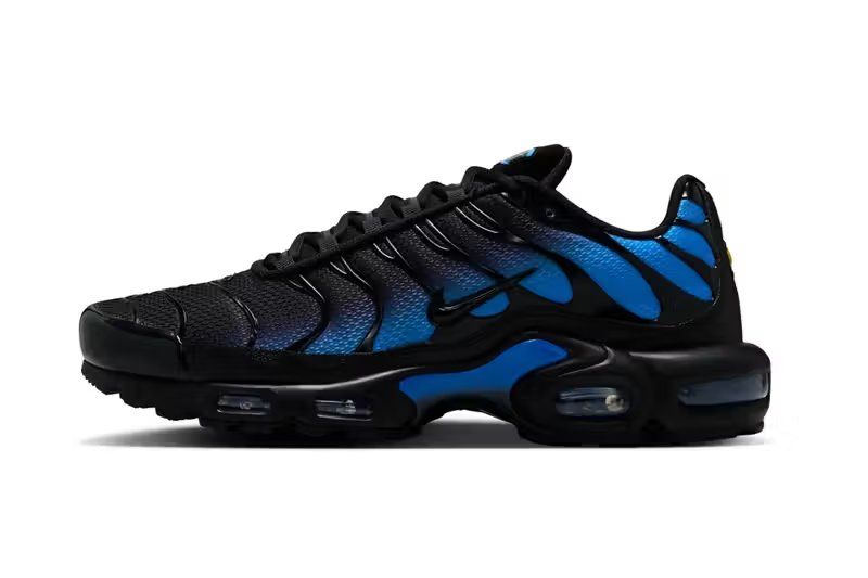 Nike Air Max Plus Black/Blue Crystal colorway featuring black mesh upper with blue crystal cage detailing