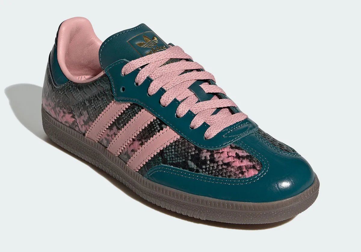 adidas Samba in teal snakeskin with iridescent pink finish and gum sole