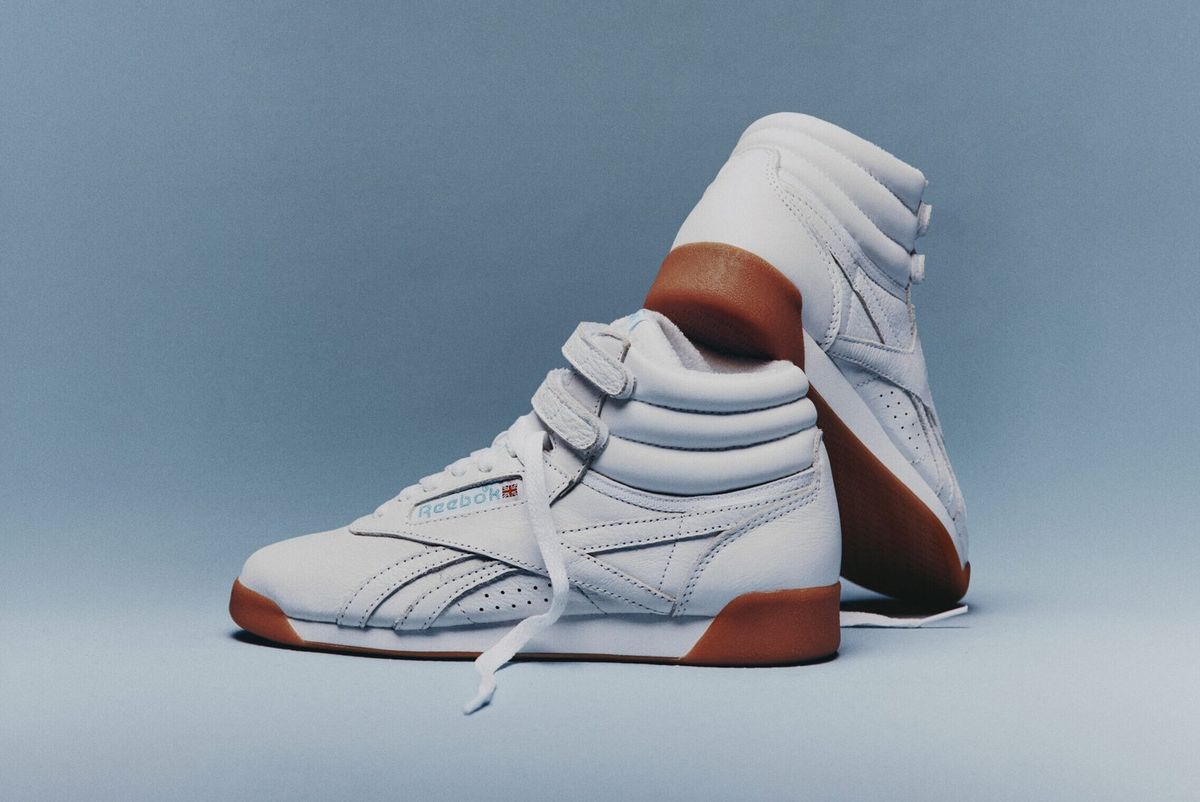 Karol G x Reebok Freestyle Hi 'Born Classic. Worn Together' in Footwear White, Blue, and Gum colorway