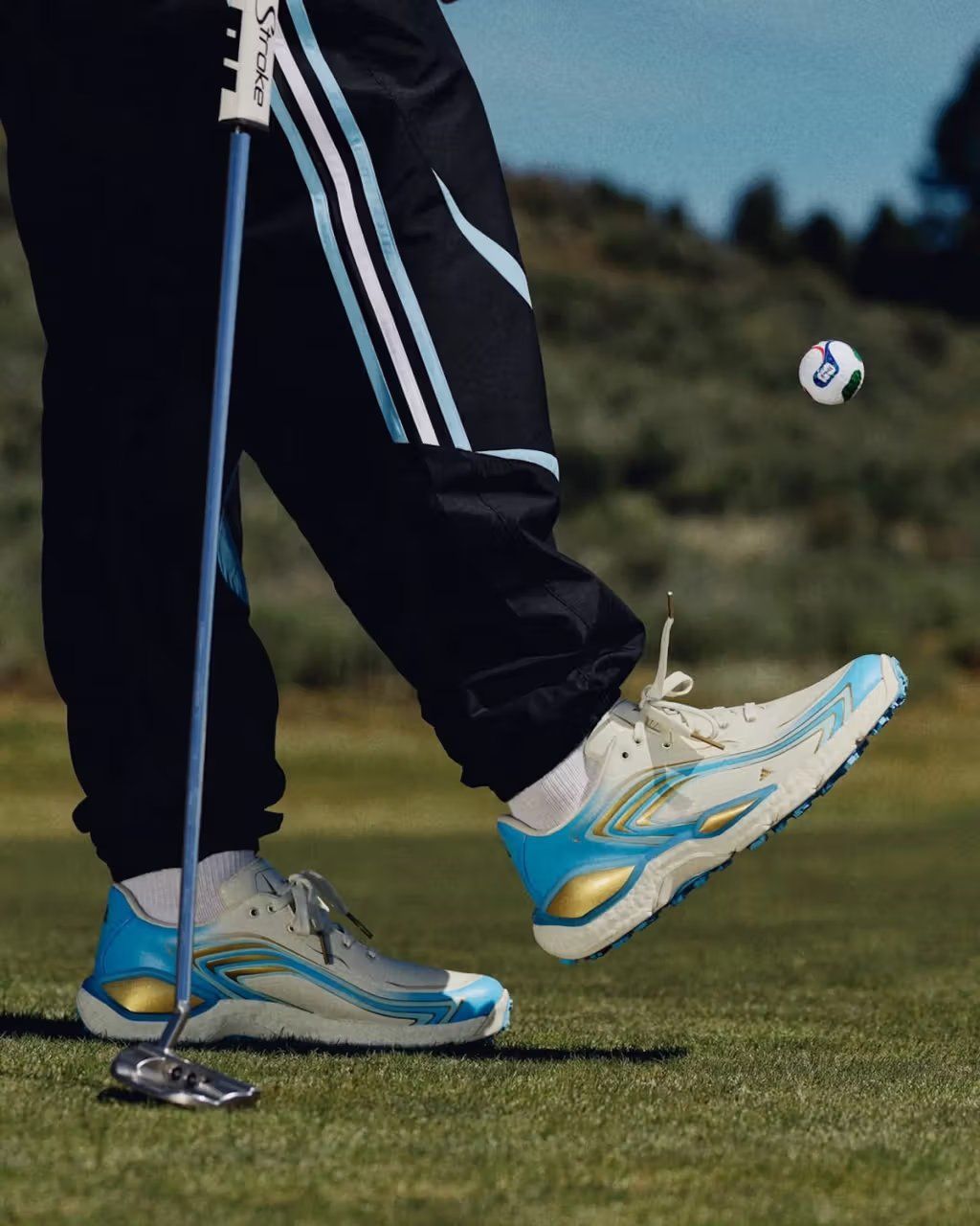 Adidas F50 Golf in El Último Tango colorway, featuring Messi-inspired design with dramatic tango palette