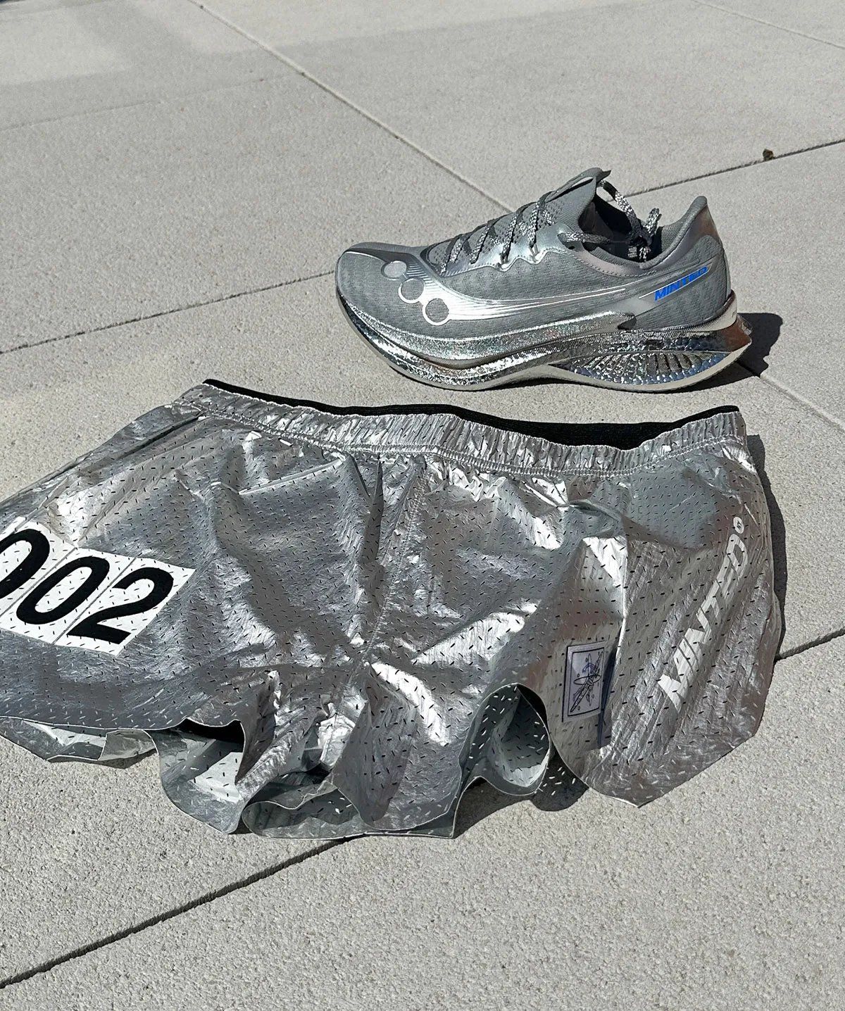 Minted NY x Saucony Endorphin Pro 5 with chrome upper detailing and metallic laces