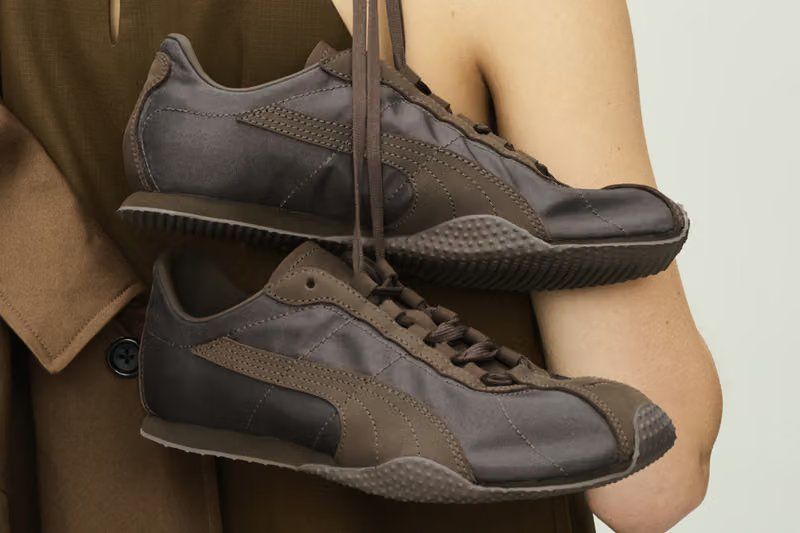 Graphpaper x PUMA H-STREET in brown with nubuck and nylon paneling, side profile view