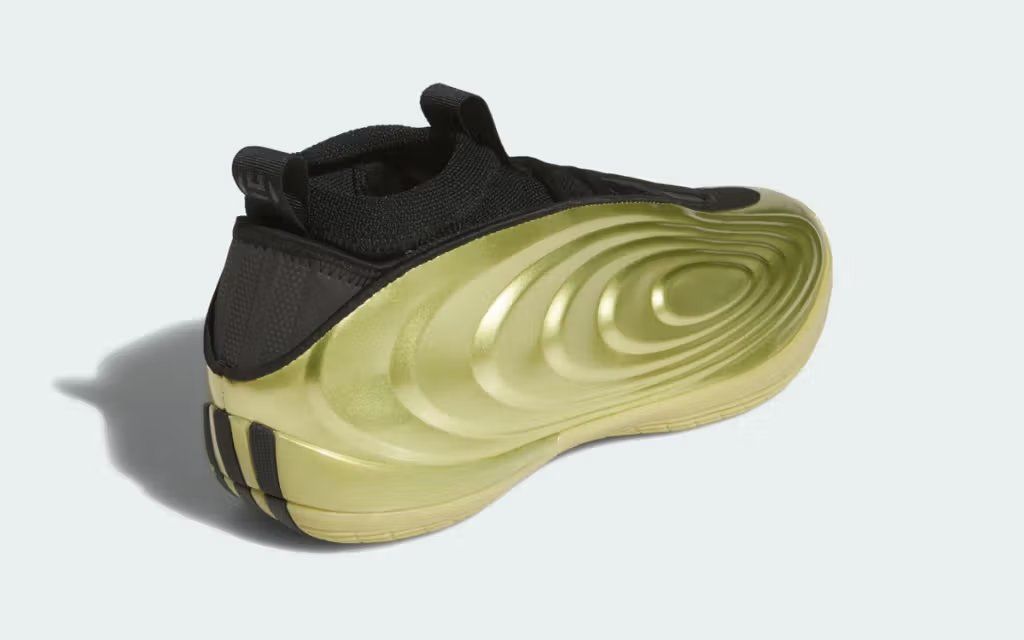 adidas Harden Vol. 10 Gold Metallic basketball shoe, lateral and medial views