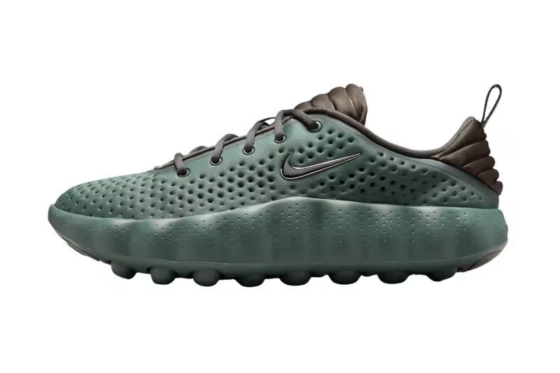 Nike Mind 002 'Camo Green' sneaker in camo green, phantom, and newsprint colorway, showing tonal pressure-point pod design